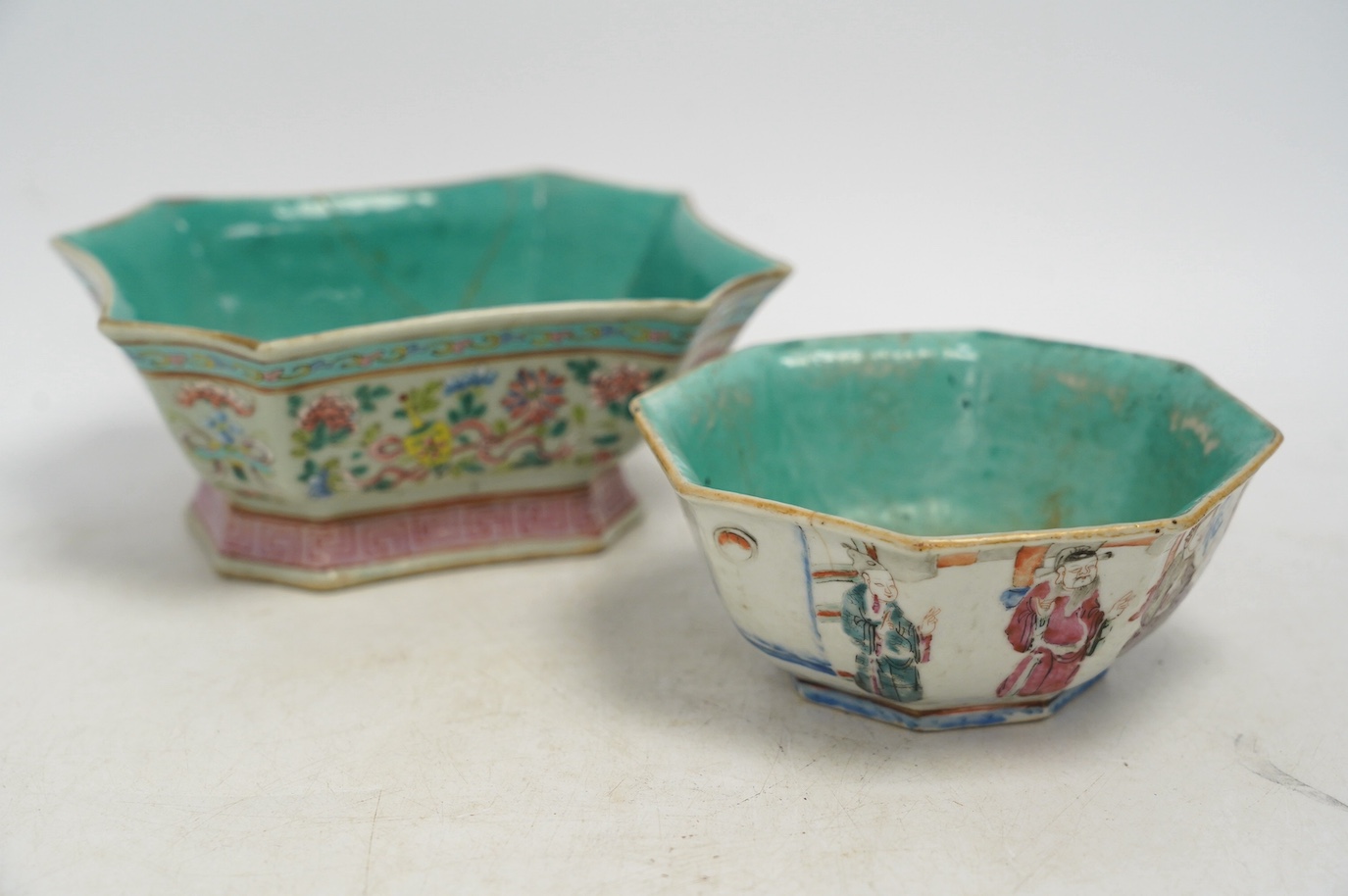 A Chinese famille rose octagonal bowl and another, both Tongzhi mark and period (1862-1874), largest 16cm wide. Condition - rectangular dish is damaged, bowl is fair, chip to the top rim